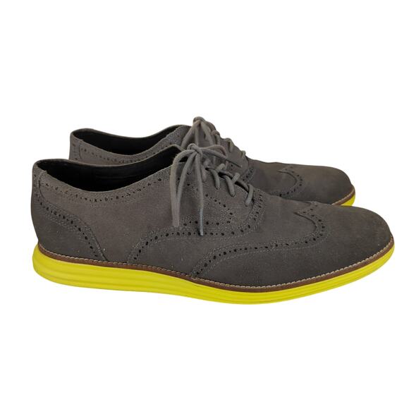 Cole Haan LunarGrand Wingtip Suede Oxford Gray Volt Brogue C21131 12 Yellow Sole - Picture 1 of 7